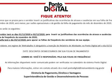 Prazos para a folha de frequência de novembro de 2020